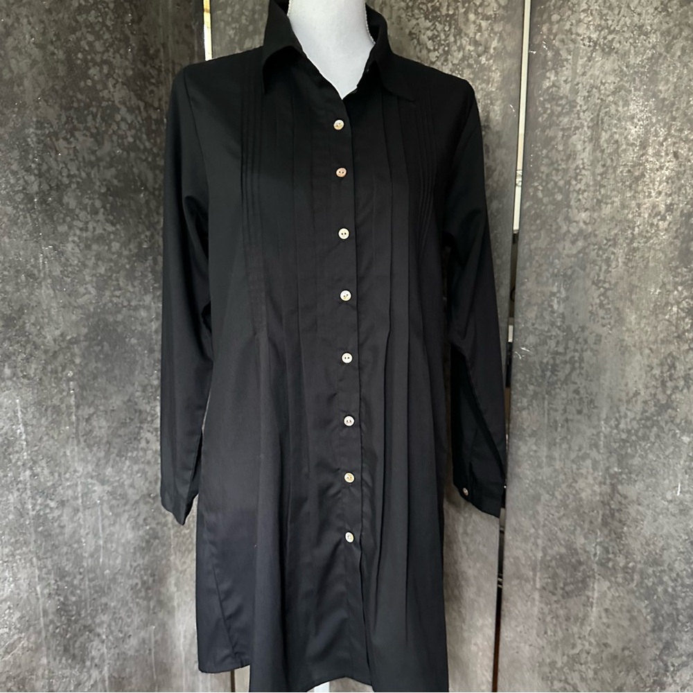 Artizara Womens Black Tunic Pleated Button Down Cotton Modest Size 10